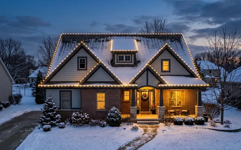 Illustrative image of a snow-covered home outlined with warm white Christmas lights.