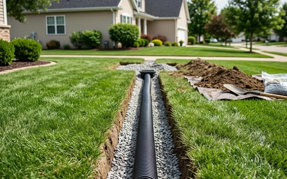 Illustrative image of a perforated drainage pipe set in a gravel trench across a residential lawn.