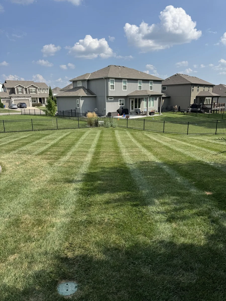 Professional lawn mowing and edging on a large backyard in Grain Valley Missouri by B&B Lawn & Landscape