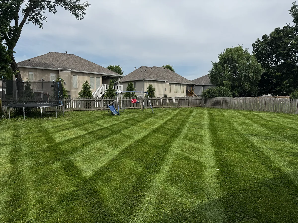 Large backyard with neat striped mowing pattern maintained by B&B Lawn & Landscape in Blue Springs Missouri